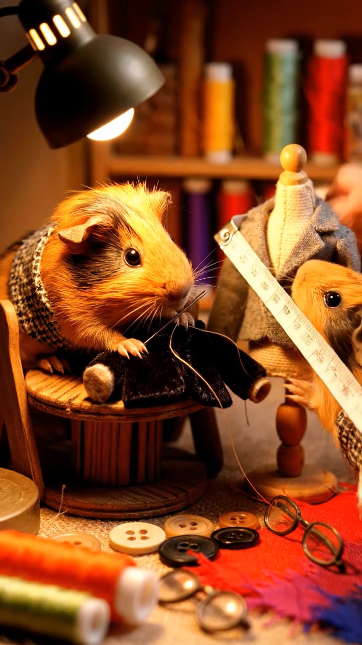 332. Realistic scene of 2 smooth-haired Californian guinea pigs with Orange and Black fur, dressed as tailors in tiny vests, sewing miniature jackets in a guinea pig atelier with colorful fabrics and hay mannequins, under warm lamplight, enhancing the lifelike, creative atmosphere.
