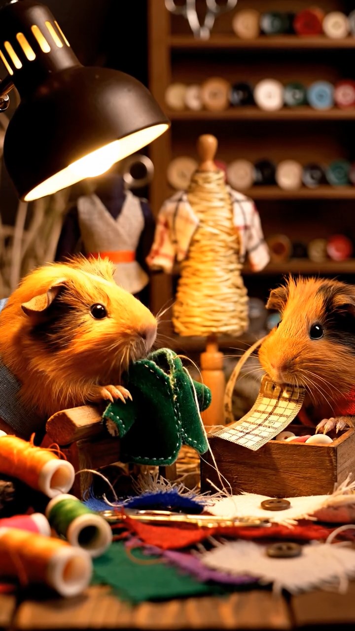 332. Realistic scene of 2 smooth-haired Californian guinea pigs with Orange and Black fur, dressed as tailors in tiny vests, sewing miniature jackets in a guinea pig atelier with colorful fabrics and hay mannequins, under warm lamplight, enhancing the lifelike, creative atmosphere.