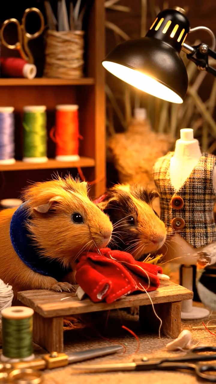 332. Realistic scene of 2 smooth-haired Californian guinea pigs with Orange and Black fur, dressed as tailors in tiny vests, sewing miniature jackets in a guinea pig atelier with colorful fabrics and hay mannequins, under warm lamplight, enhancing the lifelike, creative atmosphere.