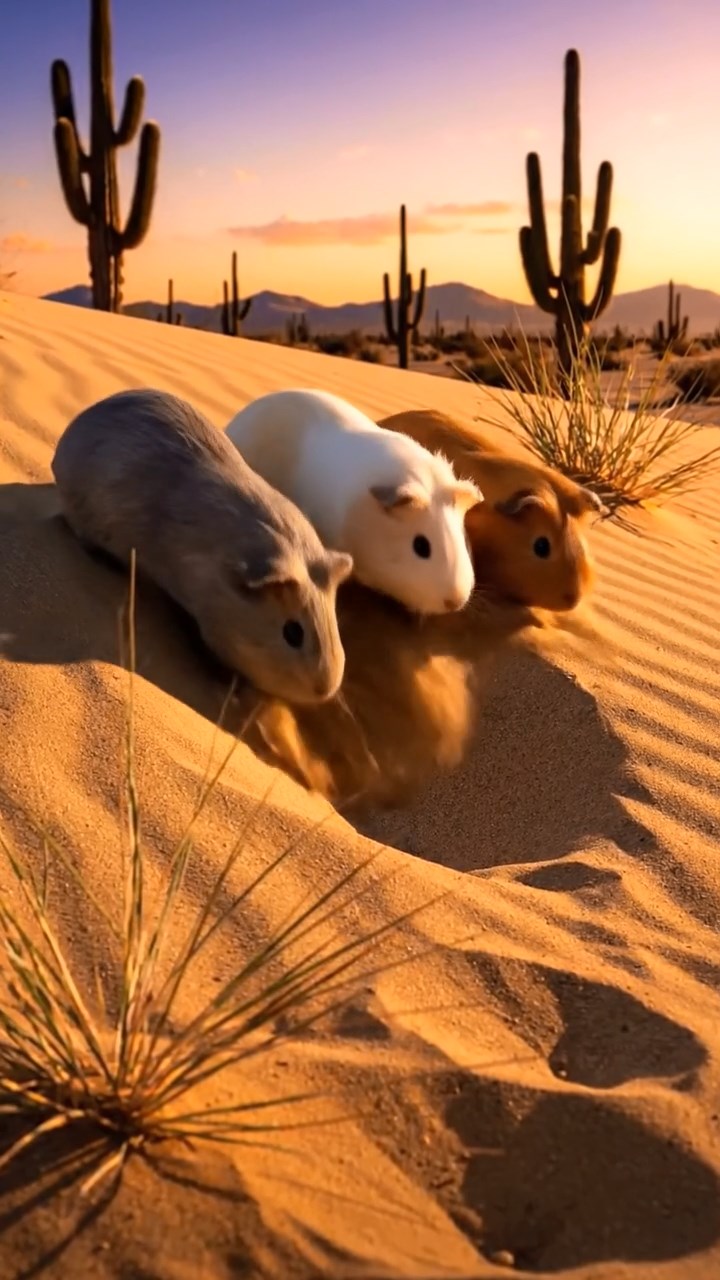 333. Detailed photo of 3 smooth-haired American guinea pigs with Gray, Cream, and Brown fur, burrowing like rabbits in a sandy dune with sparse grass and distant cacti, under a golden sunset, creating a vivid, realistic desert scene.