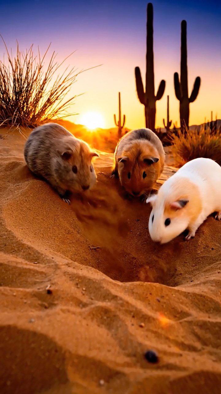 333. Detailed photo of 3 smooth-haired American guinea pigs with Gray, Cream, and Brown fur, burrowing like rabbits in a sandy dune with sparse grass and distant cacti, under a golden sunset, creating a vivid, realistic desert scene.