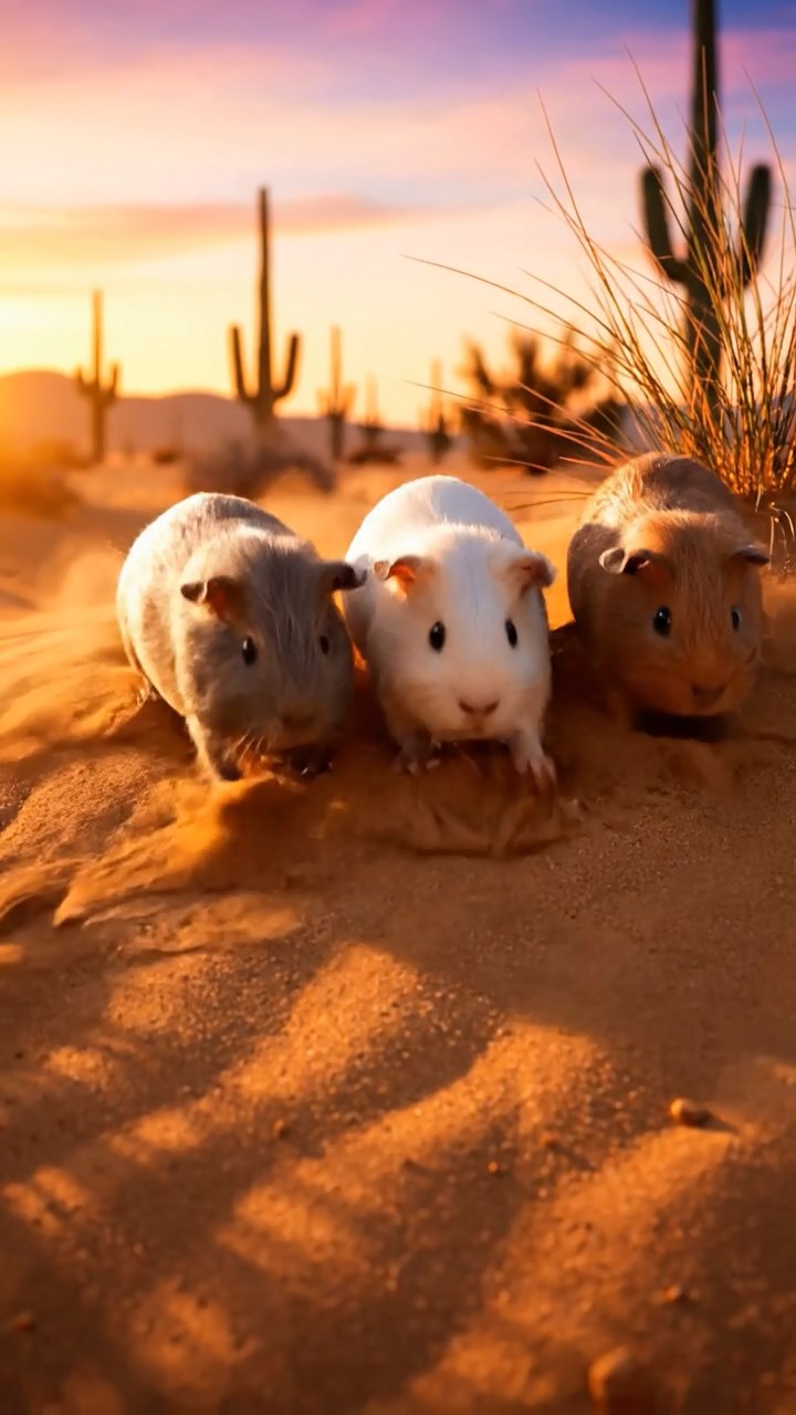 333. Detailed photo of 3 smooth-haired American guinea pigs with Gray, Cream, and Brown fur, burrowing like rabbits in a sandy dune with sparse grass and distant cacti, under a golden sunset, creating a vivid, realistic desert scene.