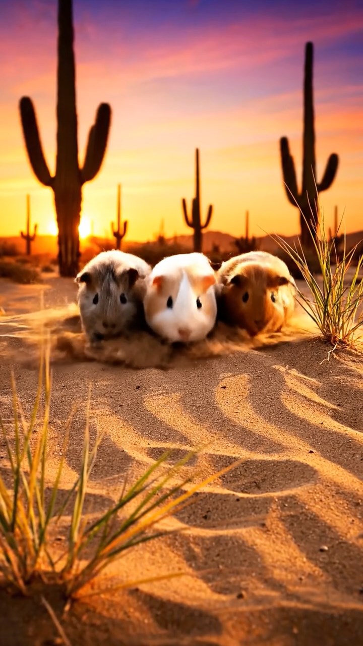 333. Detailed photo of 3 smooth-haired American guinea pigs with Gray, Cream, and Brown fur, burrowing like rabbits in a sandy dune with sparse grass and distant cacti, under a golden sunset, creating a vivid, realistic desert scene.