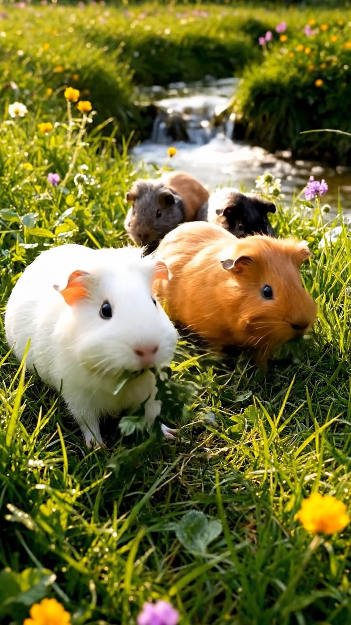 335. Highly detailed view of 5 smooth-haired Himalayan guinea pigs with White, Orange, Gray, Black, and Brown fur, foraging for wild herbs in a lush meadow with wildflowers and a babbling brook, under soft morning light, creating a realistic, serene pastoral scene.