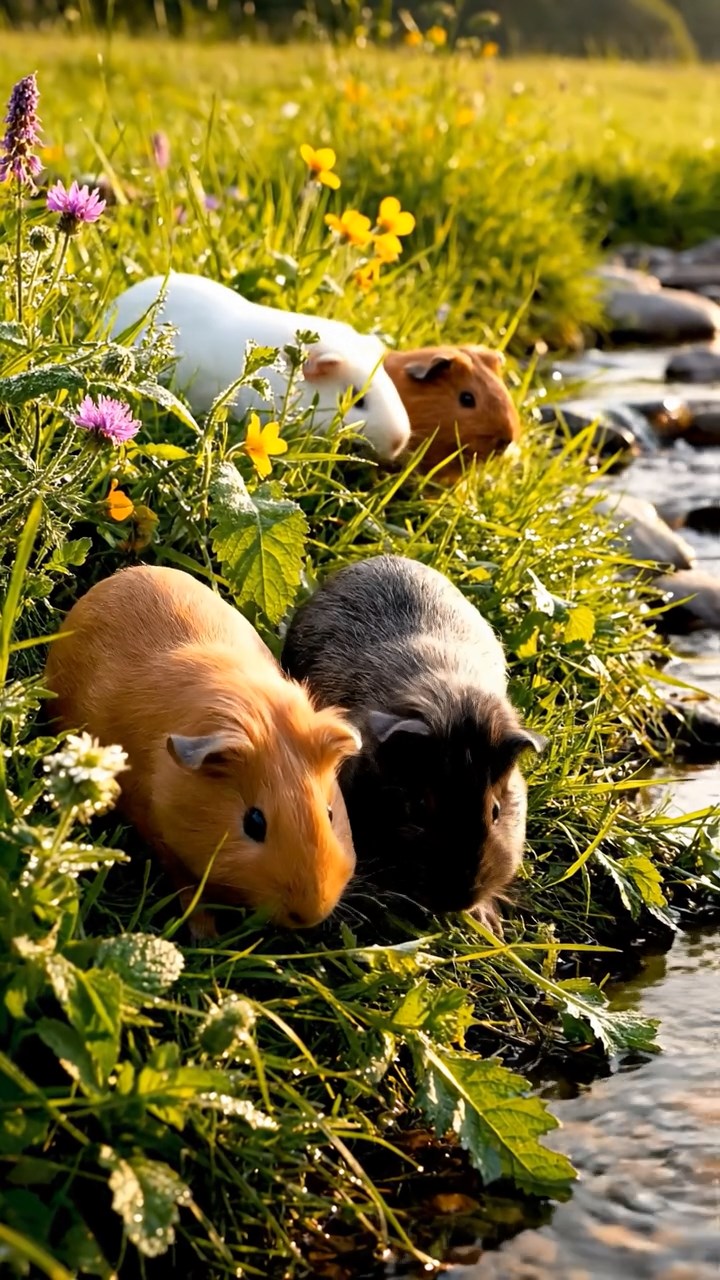 335. Highly detailed view of 5 smooth-haired Himalayan guinea pigs with White, Orange, Gray, Black, and Brown fur, foraging for wild herbs in a lush meadow with wildflowers and a babbling brook, under soft morning light, creating a realistic, serene pastoral scene.