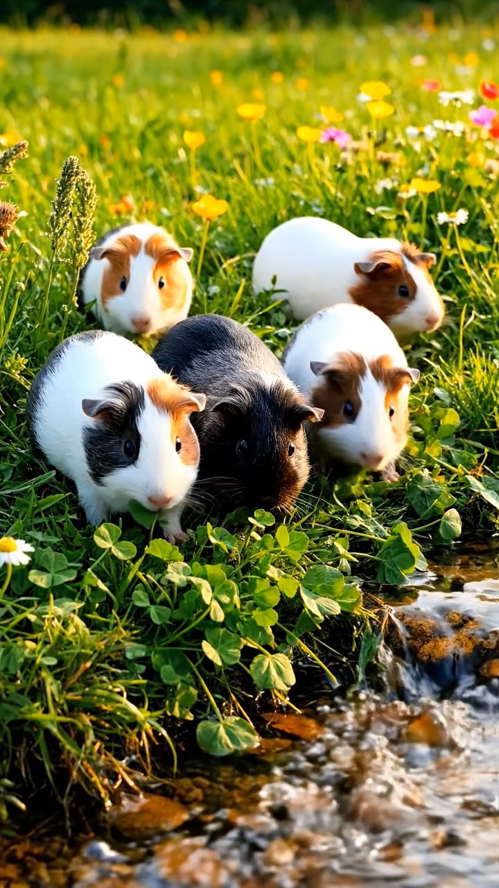 335. Highly detailed view of 5 smooth-haired Himalayan guinea pigs with White, Orange, Gray, Black, and Brown fur, foraging for wild herbs in a lush meadow with wildflowers and a babbling brook, under soft morning light, creating a realistic, serene pastoral scene.