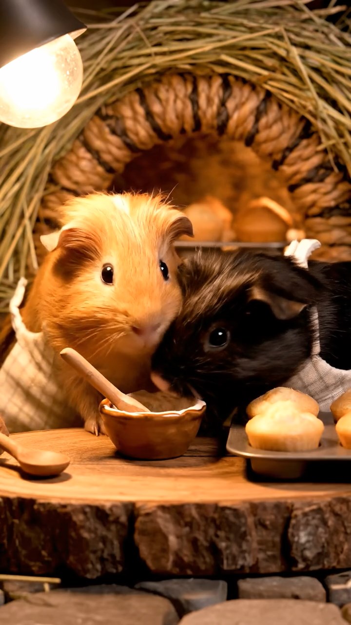 337. Detailed photo of 2 smooth-haired American guinea pigs with Fawn and Sable fur, dressed as bakers in tiny aprons, baking muffins in a guinea pig bakery with hay ovens and wooden counters, under soft lamplight, creating a realistic, cozy culinary scene.