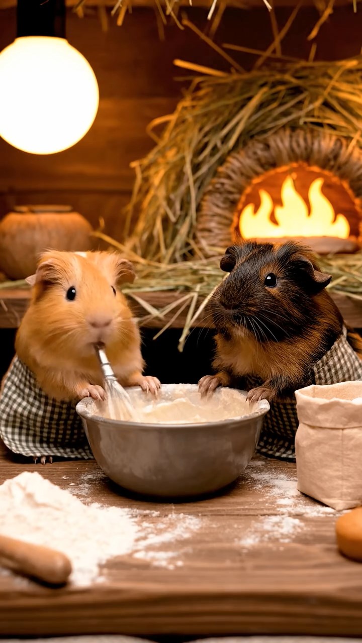 337. Detailed photo of 2 smooth-haired American guinea pigs with Fawn and Sable fur, dressed as bakers in tiny aprons, baking muffins in a guinea pig bakery with hay ovens and wooden counters, under soft lamplight, creating a realistic, cozy culinary scene.