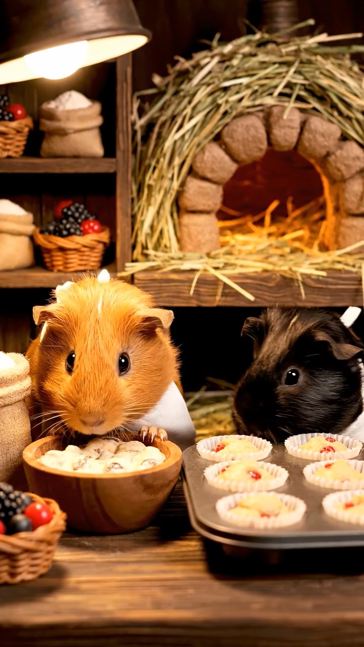337. Detailed photo of 2 smooth-haired American guinea pigs with Fawn and Sable fur, dressed as bakers in tiny aprons, baking muffins in a guinea pig bakery with hay ovens and wooden counters, under soft lamplight, creating a realistic, cozy culinary scene.