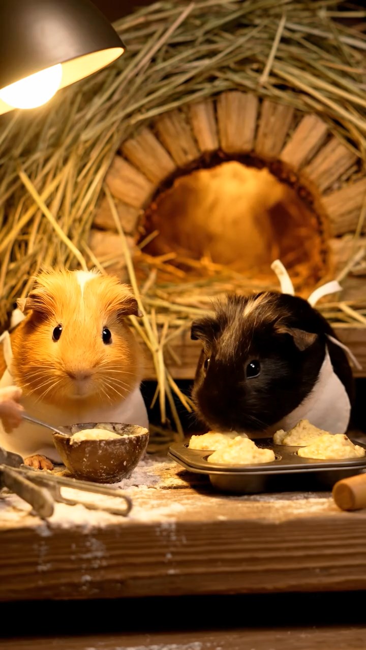 337. Detailed photo of 2 smooth-haired American guinea pigs with Fawn and Sable fur, dressed as bakers in tiny aprons, baking muffins in a guinea pig bakery with hay ovens and wooden counters, under soft lamplight, creating a realistic, cozy culinary scene.