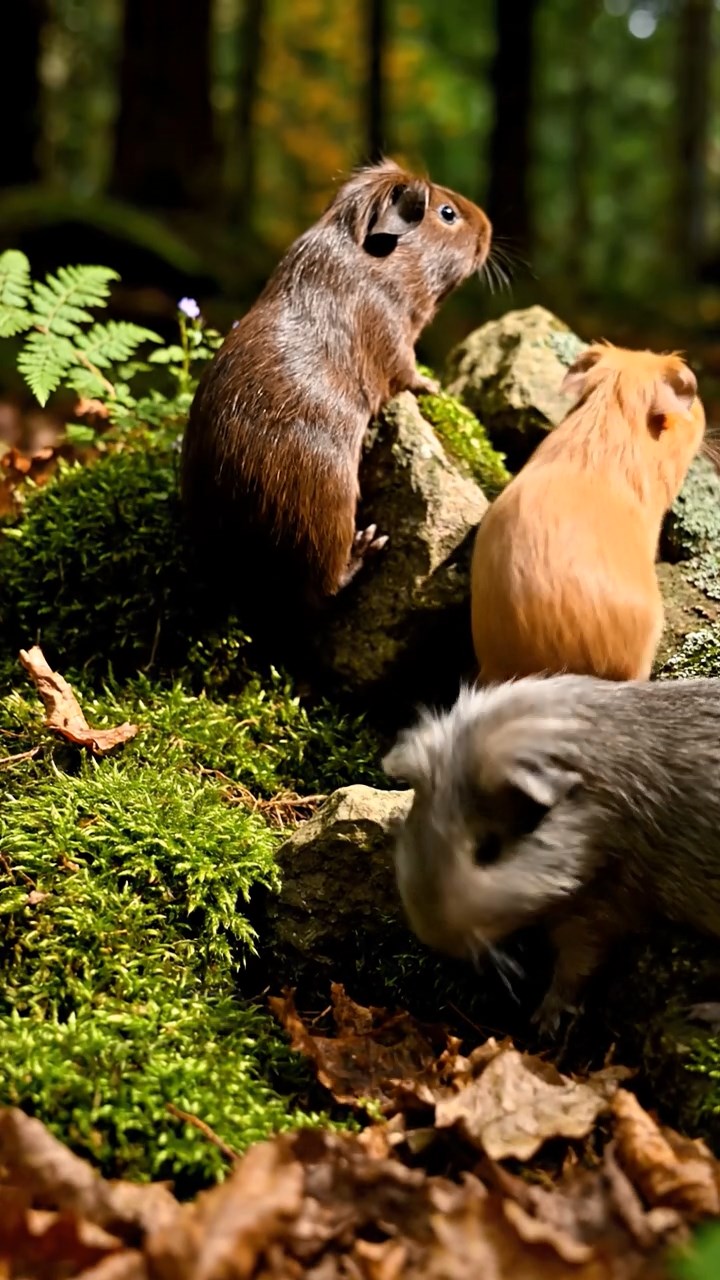 338. Photorealistic scene of 3 smooth-haired Teddy guinea pigs with Chocolate, Cinnamon, and Gray fur, climbing small rocks in a forested glade with soft moss and scattered leaves, under dappled sunlight, enhancing the authentic, adventurous atmosphere.