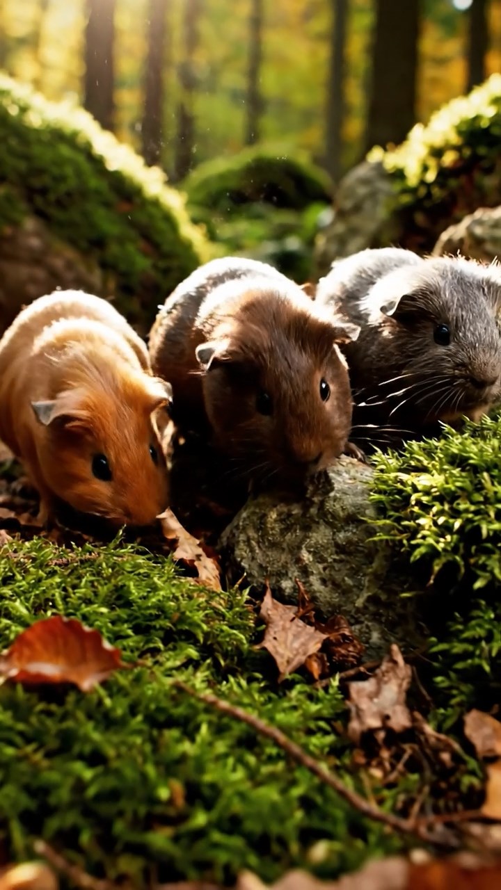 338. Photorealistic scene of 3 smooth-haired Teddy guinea pigs with Chocolate, Cinnamon, and Gray fur, climbing small rocks in a forested glade with soft moss and scattered leaves, under dappled sunlight, enhancing the authentic, adventurous atmosphere.