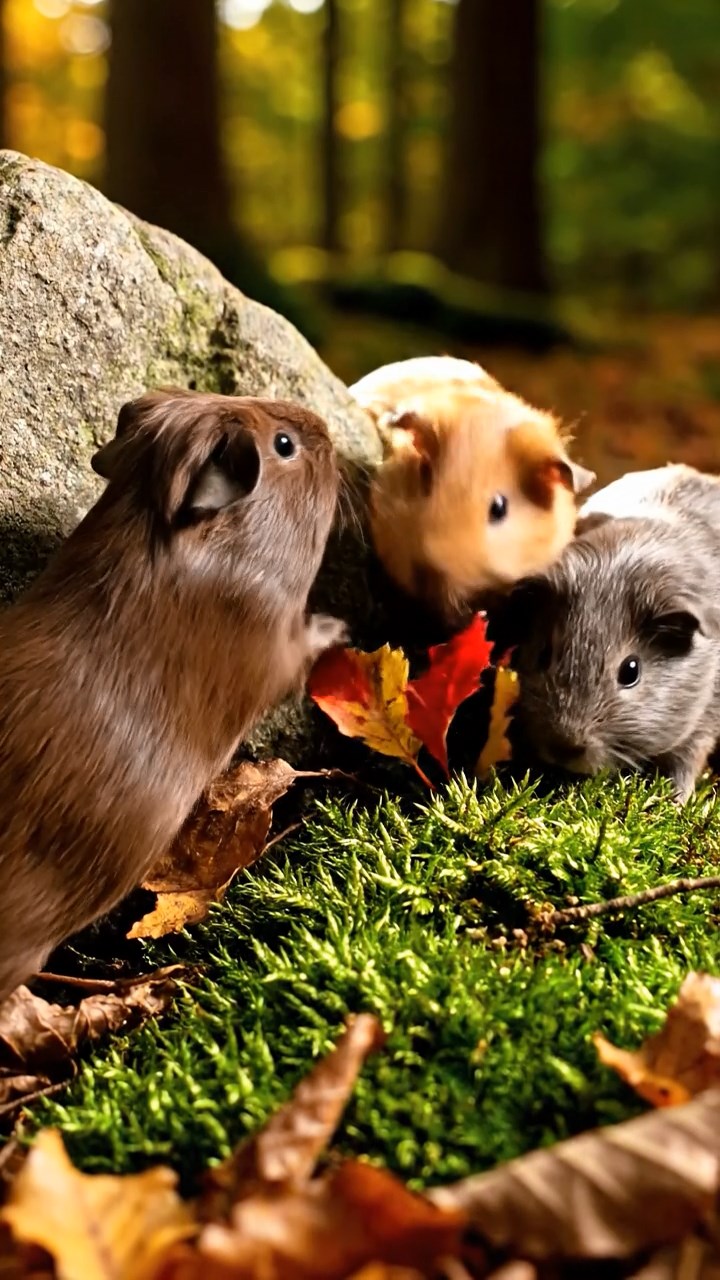 338. Photorealistic scene of 3 smooth-haired Teddy guinea pigs with Chocolate, Cinnamon, and Gray fur, climbing small rocks in a forested glade with soft moss and scattered leaves, under dappled sunlight, enhancing the authentic, adventurous atmosphere.
