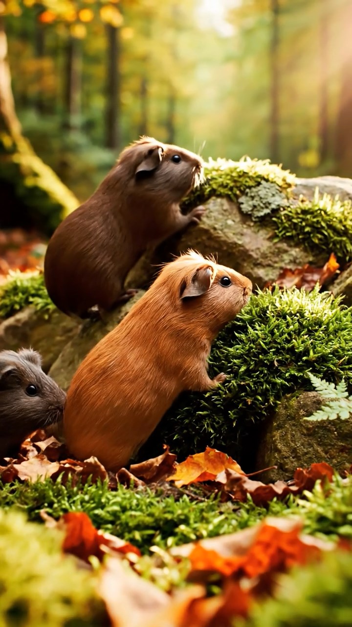 338. Photorealistic scene of 3 smooth-haired Teddy guinea pigs with Chocolate, Cinnamon, and Gray fur, climbing small rocks in a forested glade with soft moss and scattered leaves, under dappled sunlight, enhancing the authentic, adventurous atmosphere.
