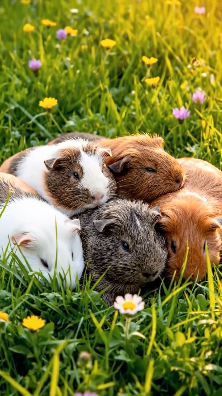 340. Realistic scene of 5 smooth-haired Californian guinea pigs with Cream, Fawn, Sable, Gray, and Cinnamon fur, sleeping in a cozy pile in a lush meadow with wildflowers and a gentle breeze, under golden sunlight, capturing a lifelike, tranquil group moment.