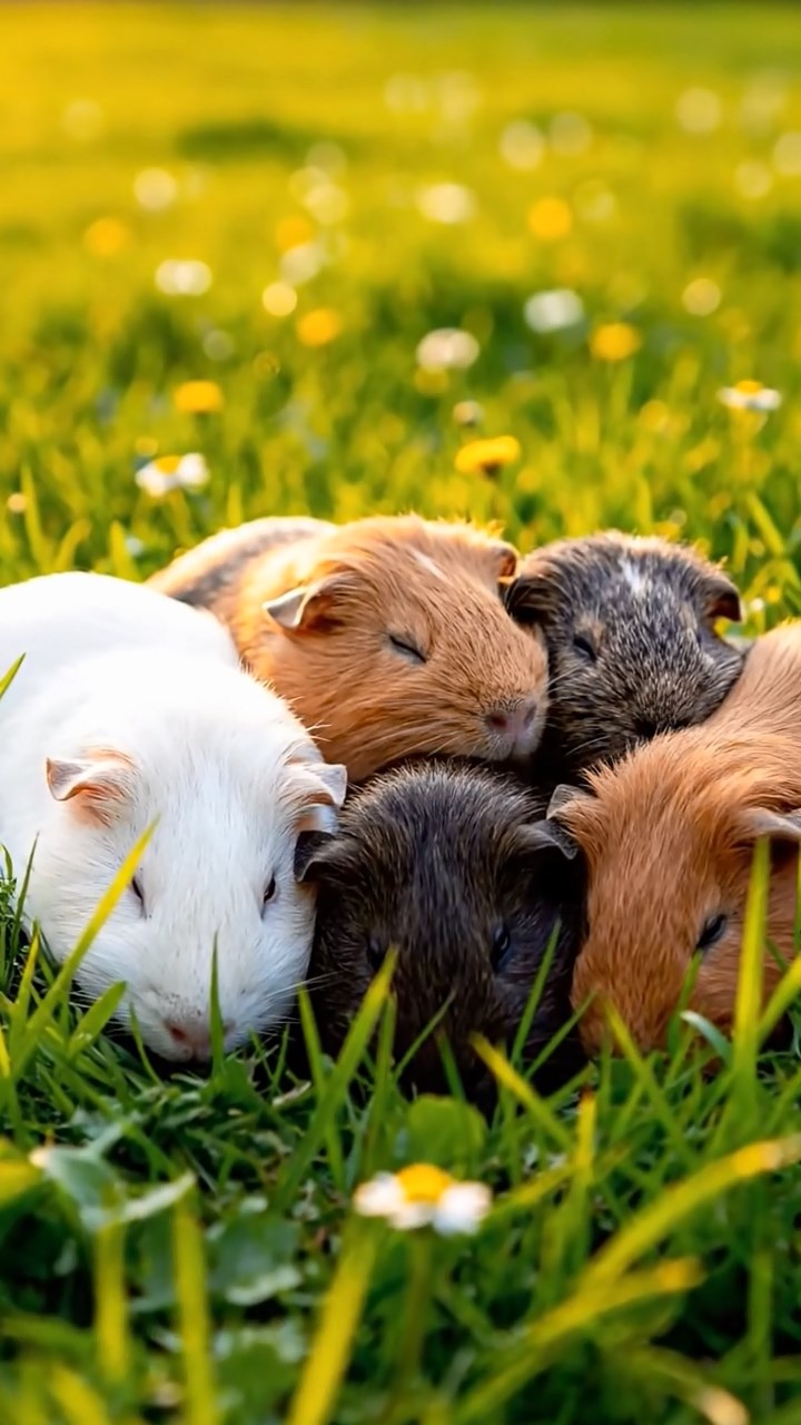 340. Realistic scene of 5 smooth-haired Californian guinea pigs with Cream, Fawn, Sable, Gray, and Cinnamon fur, sleeping in a cozy pile in a lush meadow with wildflowers and a gentle breeze, under golden sunlight, capturing a lifelike, tranquil group moment.