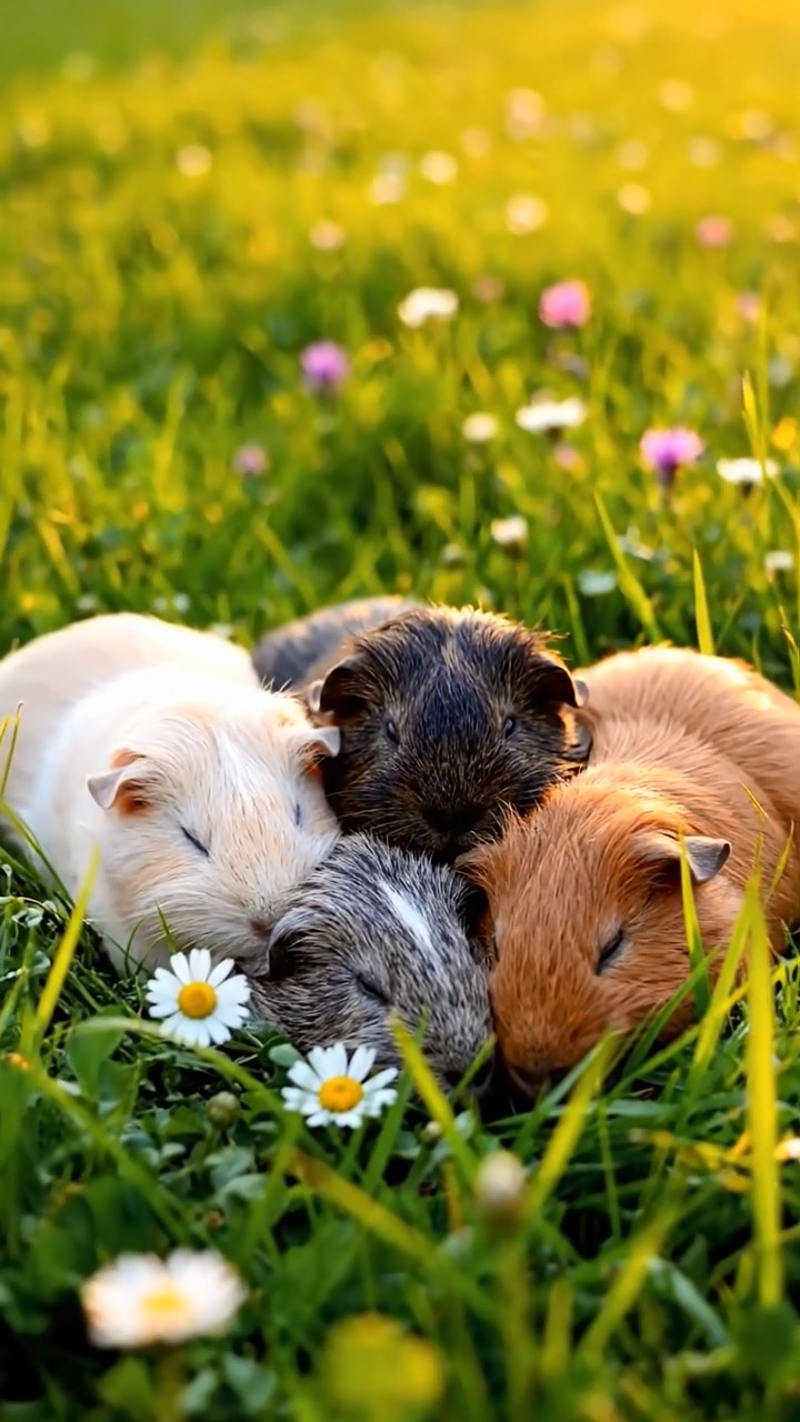 340. Realistic scene of 5 smooth-haired Californian guinea pigs with Cream, Fawn, Sable, Gray, and Cinnamon fur, sleeping in a cozy pile in a lush meadow with wildflowers and a gentle breeze, under golden sunlight, capturing a lifelike, tranquil group moment.