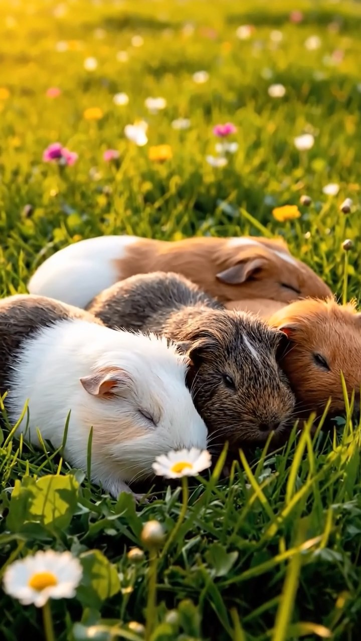 340. Realistic scene of 5 smooth-haired Californian guinea pigs with Cream, Fawn, Sable, Gray, and Cinnamon fur, sleeping in a cozy pile in a lush meadow with wildflowers and a gentle breeze, under golden sunlight, capturing a lifelike, tranquil group moment.