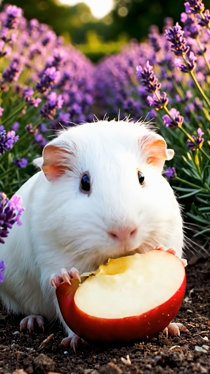 341. Detailed photo of 1 smooth-haired American guinea pig with White fur, munching on fresh apples, in a vibrant lavender garden with rows of purple blooms swaying in the breeze, under soft sunlight, creating a realistic, fragrant pastoral scene.