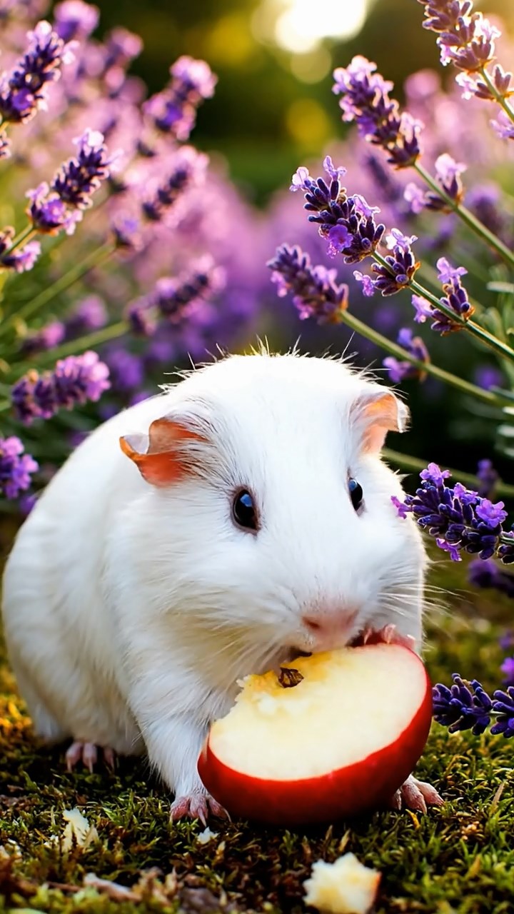 341. Detailed photo of 1 smooth-haired American guinea pig with White fur, munching on fresh apples, in a vibrant lavender garden with rows of purple blooms swaying in the breeze, under soft sunlight, creating a realistic, fragrant pastoral scene.