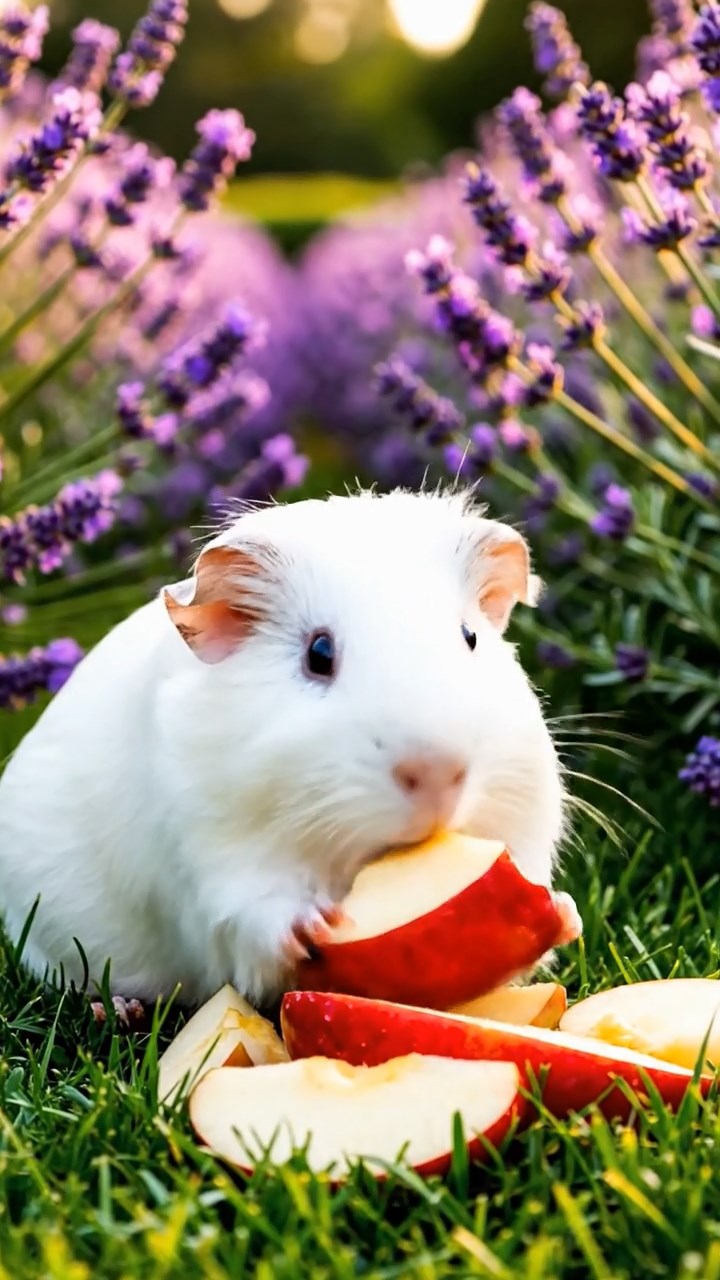 341. Detailed photo of 1 smooth-haired American guinea pig with White fur, munching on fresh apples, in a vibrant lavender garden with rows of purple blooms swaying in the breeze, under soft sunlight, creating a realistic, fragrant pastoral scene.