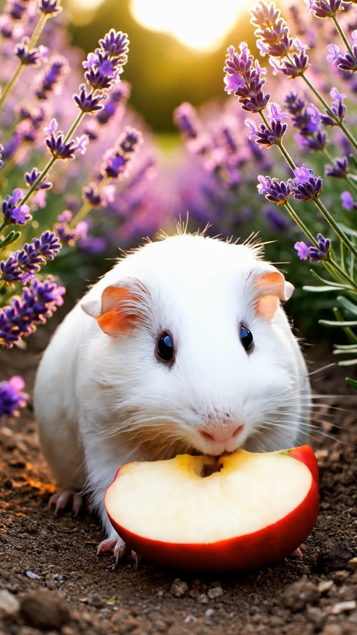 341. Detailed photo of 1 smooth-haired American guinea pig with White fur, munching on fresh apples, in a vibrant lavender garden with rows of purple blooms swaying in the breeze, under soft sunlight, creating a realistic, fragrant pastoral scene.