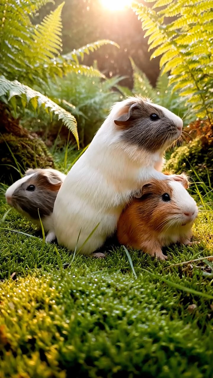 343. Highly detailed view of 3 smooth-haired Himalayan guinea pigs with Gray, Cream, and Brown fur, mating in a secluded grassy clearing surrounded by tall ferns and soft moss, under gentle morning light, creating a realistic, intimate natural scene.