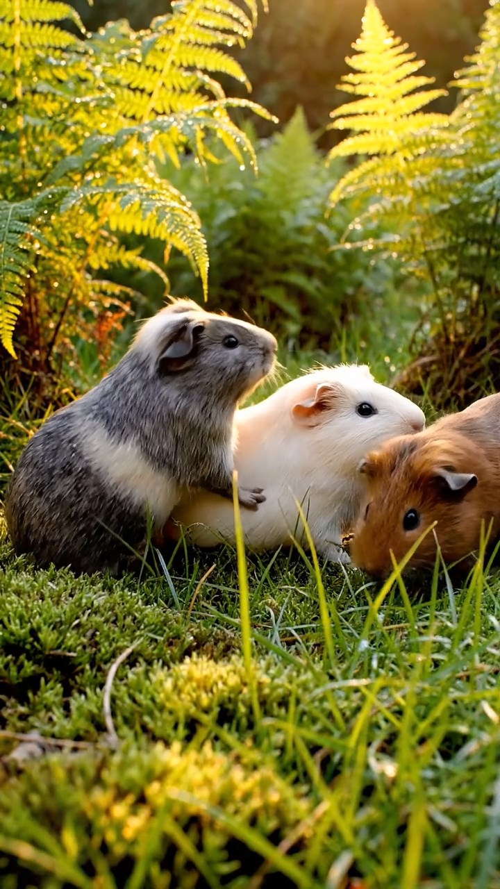 343. Highly detailed view of 3 smooth-haired Himalayan guinea pigs with Gray, Cream, and Brown fur, mating in a secluded grassy clearing surrounded by tall ferns and soft moss, under gentle morning light, creating a realistic, intimate natural scene.
