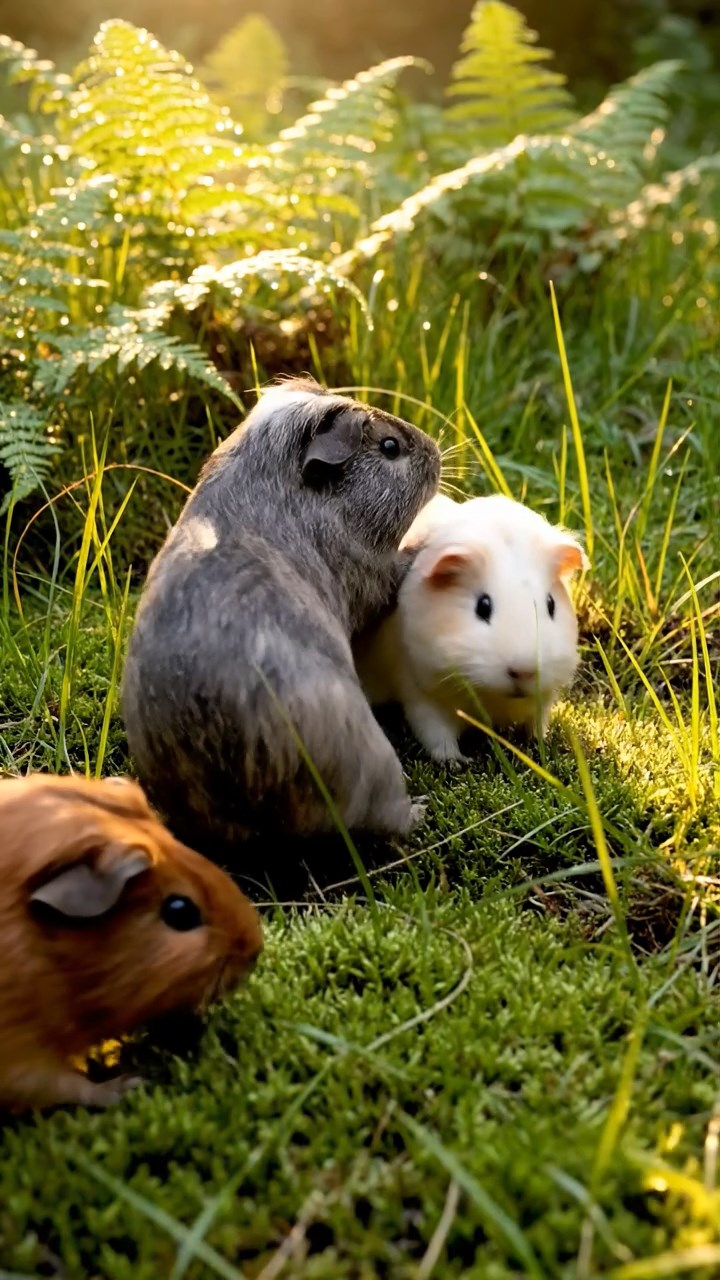 343. Highly detailed view of 3 smooth-haired Himalayan guinea pigs with Gray, Cream, and Brown fur, mating in a secluded grassy clearing surrounded by tall ferns and soft moss, under gentle morning light, creating a realistic, intimate natural scene.