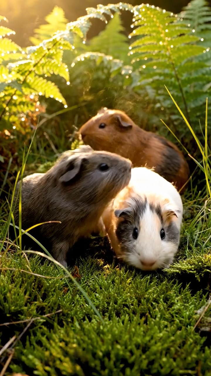 343. Highly detailed view of 3 smooth-haired Himalayan guinea pigs with Gray, Cream, and Brown fur, mating in a secluded grassy clearing surrounded by tall ferns and soft moss, under gentle morning light, creating a realistic, intimate natural scene.