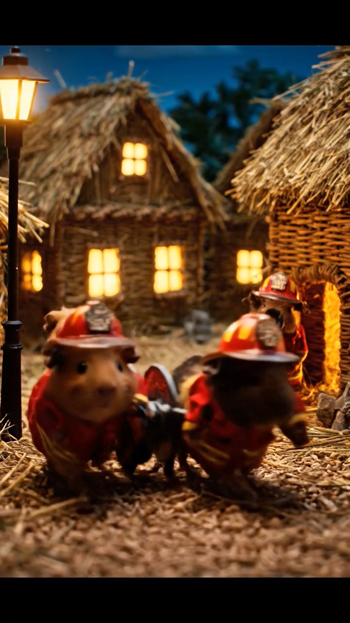 344. Realistic scene of 4 smooth-haired Californian guinea pigs with Fawn, Chocolate, Cinnamon, and Sable fur, dressed as firefighters in tiny uniforms, practicing drills in a guinea pig village with hay houses, under glowing streetlights, capturing a heroic, lifelike moment.