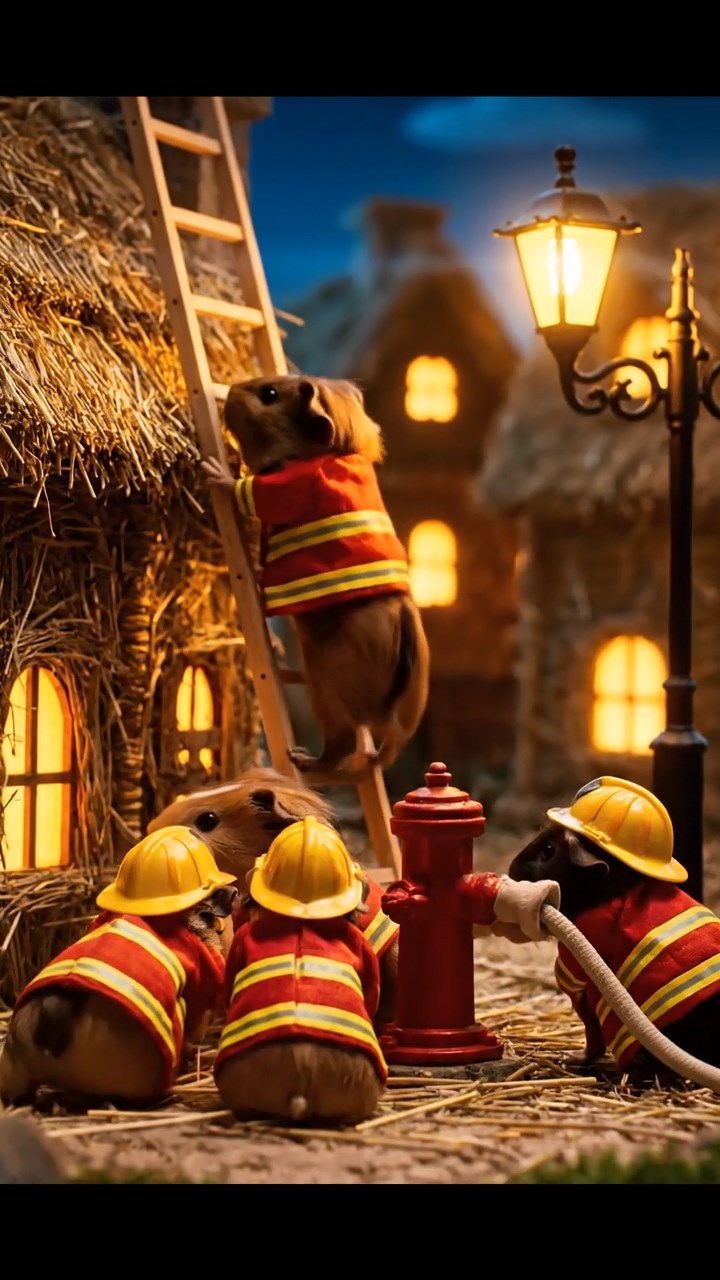 344. Realistic scene of 4 smooth-haired Californian guinea pigs with Fawn, Chocolate, Cinnamon, and Sable fur, dressed as firefighters in tiny uniforms, practicing drills in a guinea pig village with hay houses, under glowing streetlights, capturing a heroic, lifelike moment.