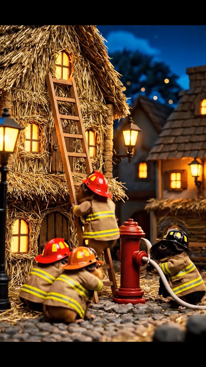 344. Realistic scene of 4 smooth-haired Californian guinea pigs with Fawn, Chocolate, Cinnamon, and Sable fur, dressed as firefighters in tiny uniforms, practicing drills in a guinea pig village with hay houses, under glowing streetlights, capturing a heroic, lifelike moment.