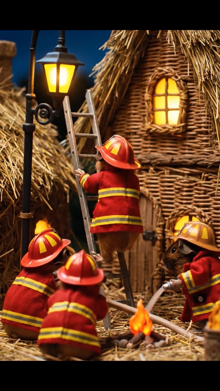 344. Realistic scene of 4 smooth-haired Californian guinea pigs with Fawn, Chocolate, Cinnamon, and Sable fur, dressed as firefighters in tiny uniforms, practicing drills in a guinea pig village with hay houses, under glowing streetlights, capturing a heroic, lifelike moment.