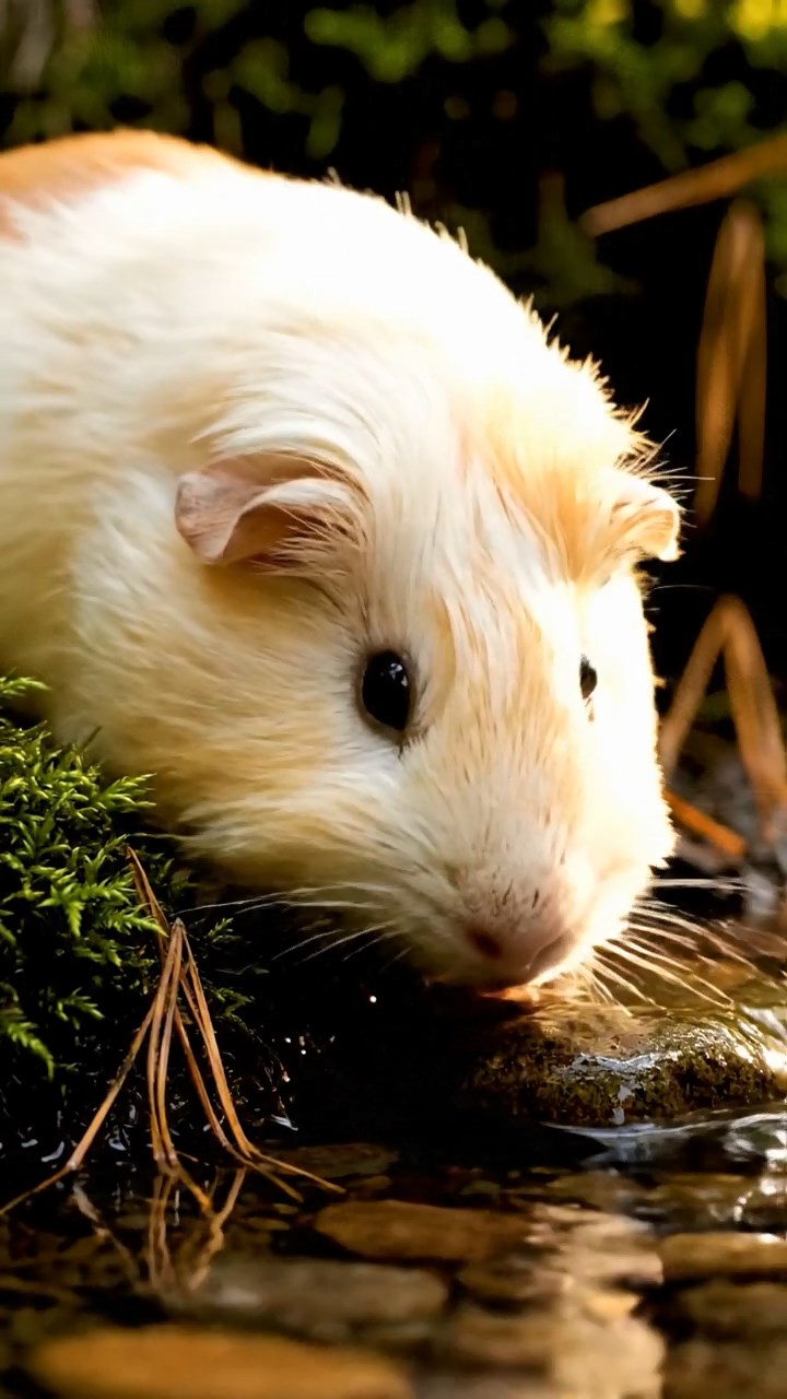 346. Photorealistic scene of 1 smooth-haired Teddy guinea pig with Cream fur, drinking from a clear stream, on a forested slope with pine needles and moss, under dappled sunlight, capturing a serene, lifelike moment of natural hydration.