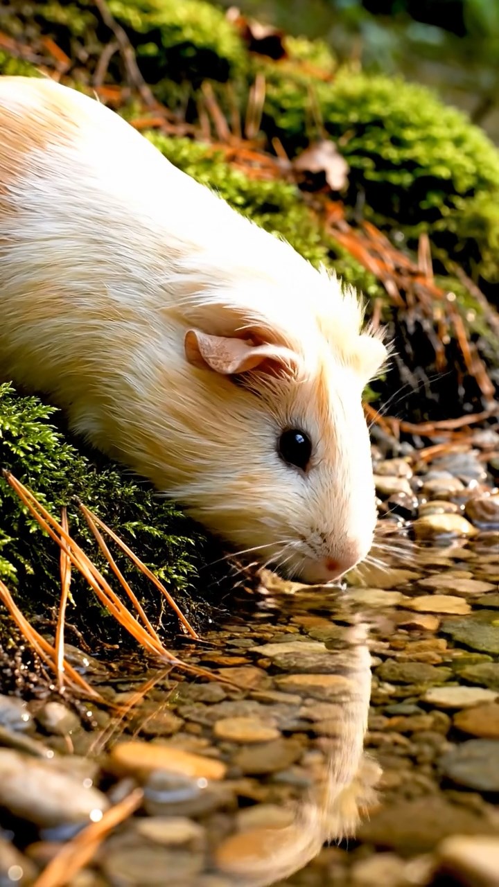 346. Photorealistic scene of 1 smooth-haired Teddy guinea pig with Cream fur, drinking from a clear stream, on a forested slope with pine needles and moss, under dappled sunlight, capturing a serene, lifelike moment of natural hydration.