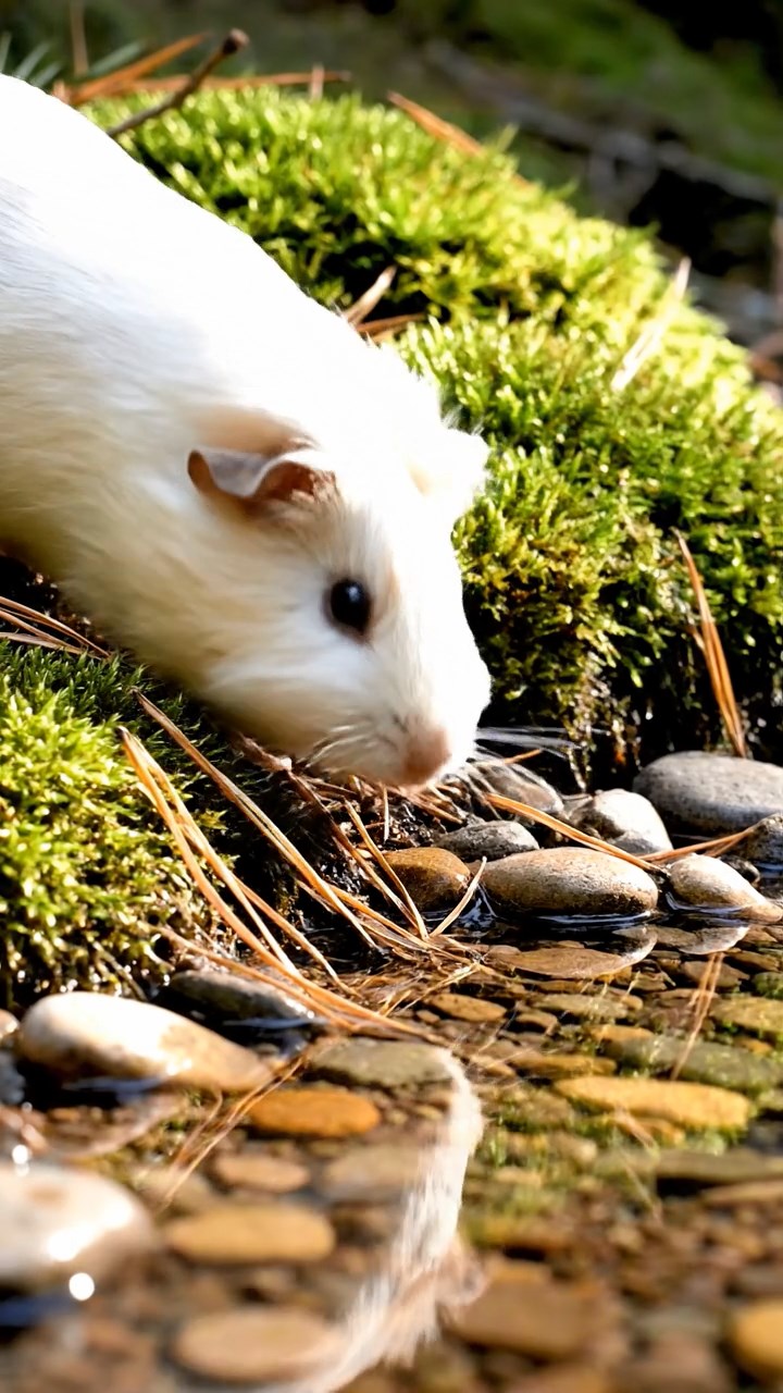 346. Photorealistic scene of 1 smooth-haired Teddy guinea pig with Cream fur, drinking from a clear stream, on a forested slope with pine needles and moss, under dappled sunlight, capturing a serene, lifelike moment of natural hydration.