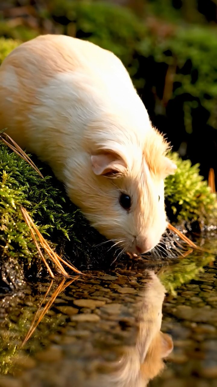 346. Photorealistic scene of 1 smooth-haired Teddy guinea pig with Cream fur, drinking from a clear stream, on a forested slope with pine needles and moss, under dappled sunlight, capturing a serene, lifelike moment of natural hydration.