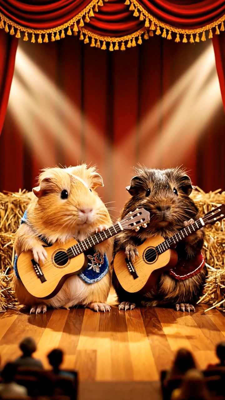 347. Highly detailed view of 2 smooth-haired Himalayan guinea pigs with Fawn and Sable fur, dressed as musicians in tiny vests, playing miniature guitars in a guinea pig concert hall with hay seats and velvet curtains, under warm spotlights, creating a realistic, elegant scene.