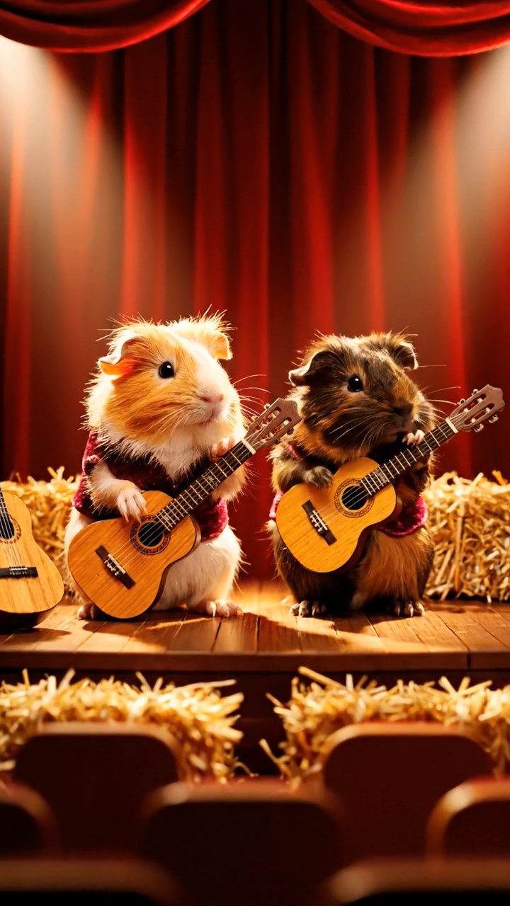 347. Highly detailed view of 2 smooth-haired Himalayan guinea pigs with Fawn and Sable fur, dressed as musicians in tiny vests, playing miniature guitars in a guinea pig concert hall with hay seats and velvet curtains, under warm spotlights, creating a realistic, elegant scene.