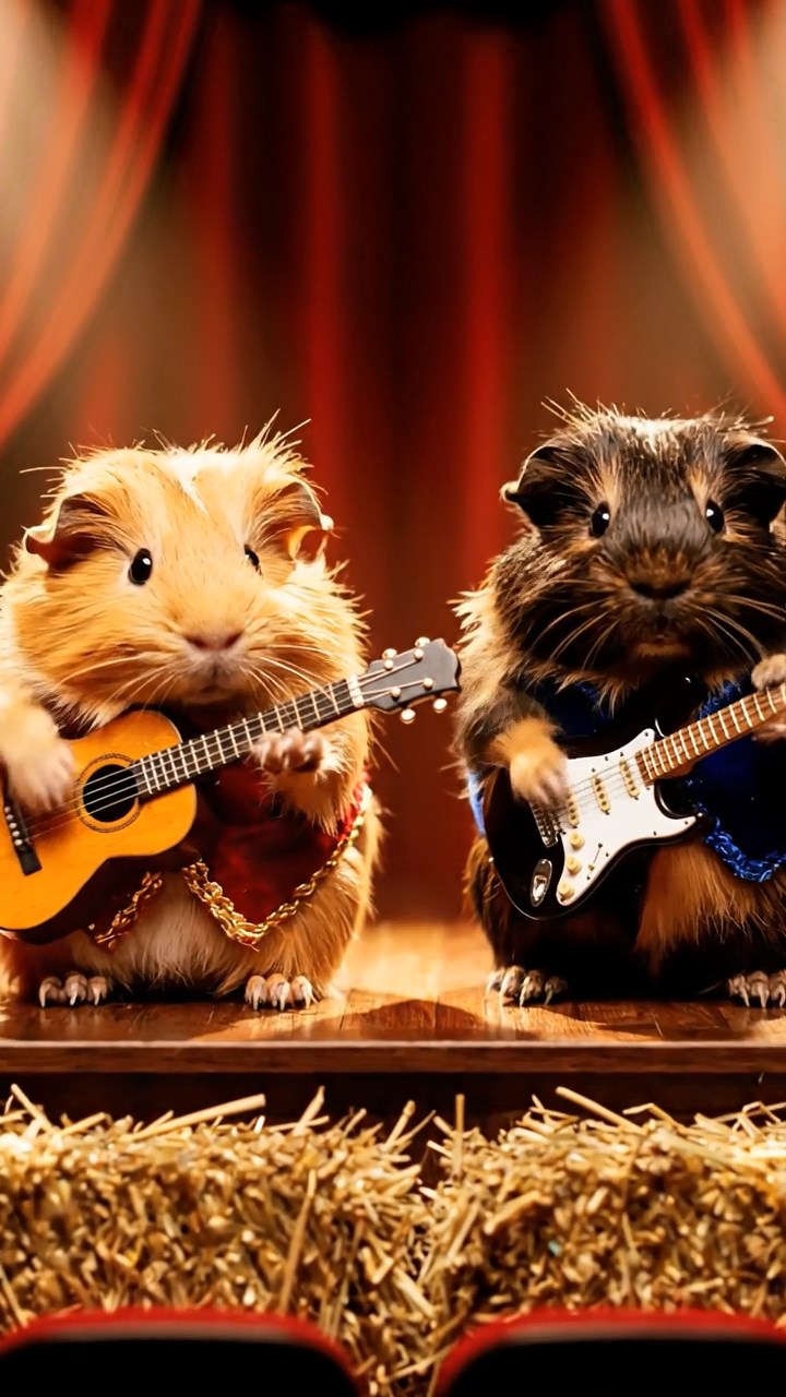 347. Highly detailed view of 2 smooth-haired Himalayan guinea pigs with Fawn and Sable fur, dressed as musicians in tiny vests, playing miniature guitars in a guinea pig concert hall with hay seats and velvet curtains, under warm spotlights, creating a realistic, elegant scene.