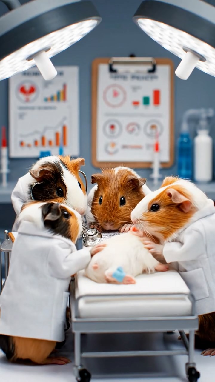 349. Detailed photo of 4 smooth-haired American guinea pigs with White, Orange, Black, and Brown fur, dressed as doctors in tiny white coats, treating injuries in a guinea pig hospital with miniature beds and medical charts, under bright lights, creating a vivid, lifelike medical scene.