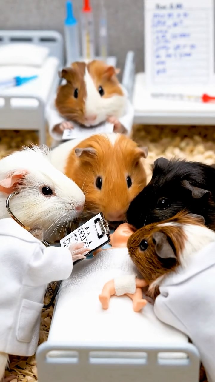 349. Detailed photo of 4 smooth-haired American guinea pigs with White, Orange, Black, and Brown fur, dressed as doctors in tiny white coats, treating injuries in a guinea pig hospital with miniature beds and medical charts, under bright lights, creating a vivid, lifelike medical scene.