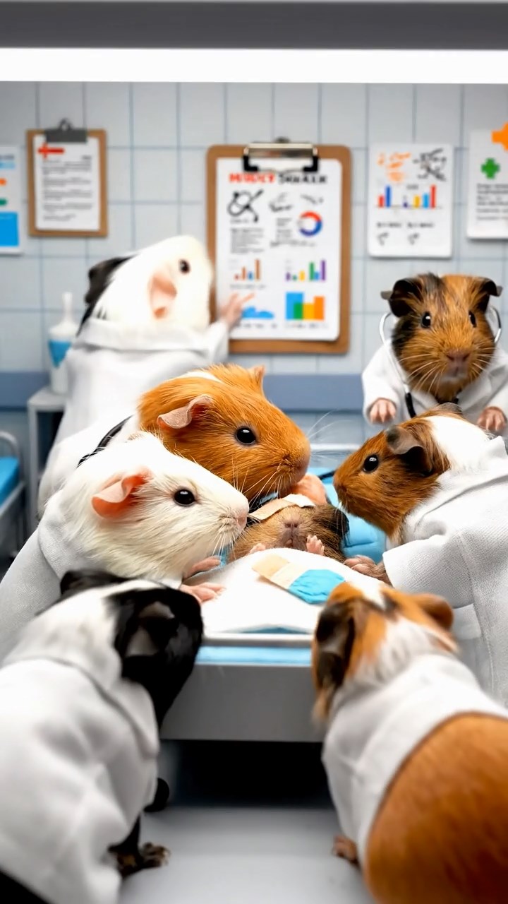 349. Detailed photo of 4 smooth-haired American guinea pigs with White, Orange, Black, and Brown fur, dressed as doctors in tiny white coats, treating injuries in a guinea pig hospital with miniature beds and medical charts, under bright lights, creating a vivid, lifelike medical scene.