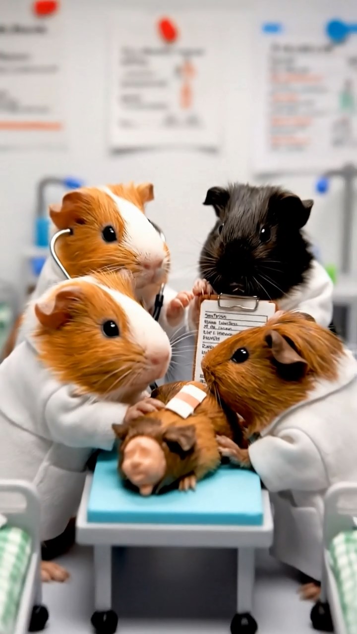 349. Detailed photo of 4 smooth-haired American guinea pigs with White, Orange, Black, and Brown fur, dressed as doctors in tiny white coats, treating injuries in a guinea pig hospital with miniature beds and medical charts, under bright lights, creating a vivid, lifelike medical scene.
