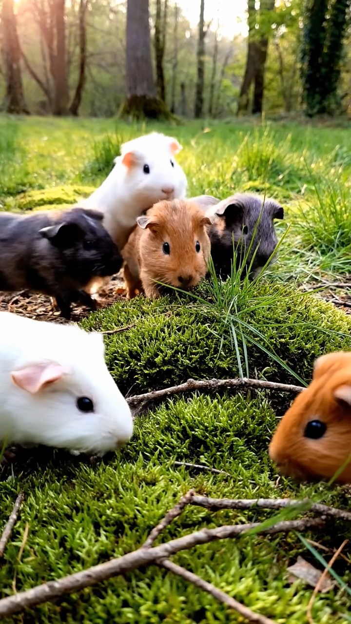 350. Photorealistic scene of 5 smooth-haired Teddy guinea pigs with Cream, Fawn, Sable, Gray, and Cinnamon fur, play-fighting in a grassy clearing with soft moss and scattered twigs, under gentle morning light, capturing a realistic, playful woodland moment.