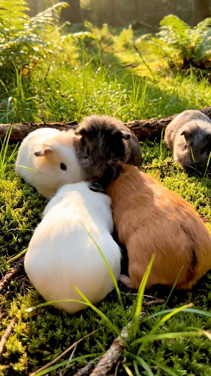 350. Photorealistic scene of 5 smooth-haired Teddy guinea pigs with Cream, Fawn, Sable, Gray, and Cinnamon fur, play-fighting in a grassy clearing with soft moss and scattered twigs, under gentle morning light, capturing a realistic, playful woodland moment.