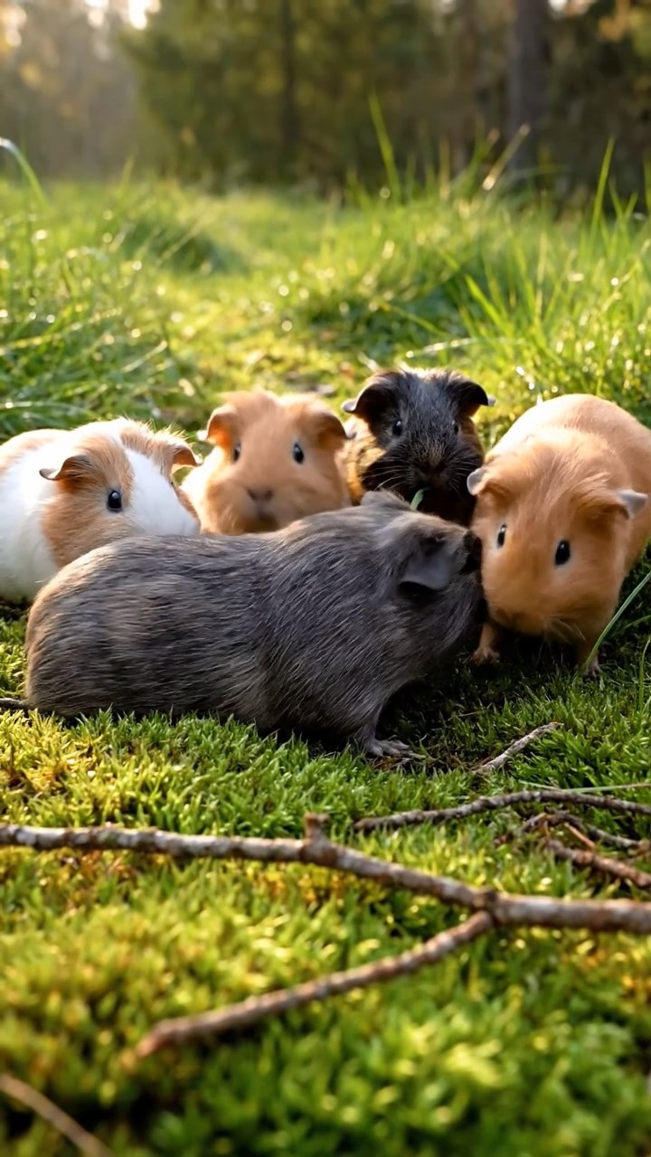 350. Photorealistic scene of 5 smooth-haired Teddy guinea pigs with Cream, Fawn, Sable, Gray, and Cinnamon fur, play-fighting in a grassy clearing with soft moss and scattered twigs, under gentle morning light, capturing a realistic, playful woodland moment.