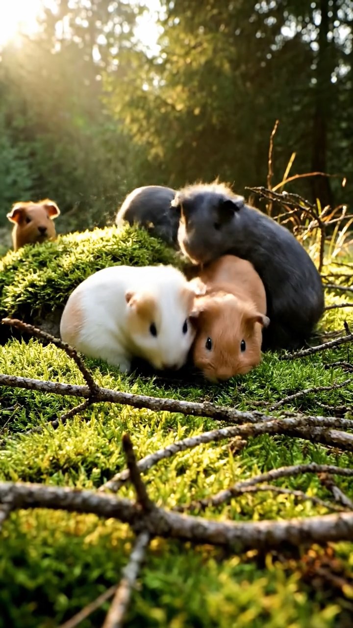 350. Photorealistic scene of 5 smooth-haired Teddy guinea pigs with Cream, Fawn, Sable, Gray, and Cinnamon fur, play-fighting in a grassy clearing with soft moss and scattered twigs, under gentle morning light, capturing a realistic, playful woodland moment.