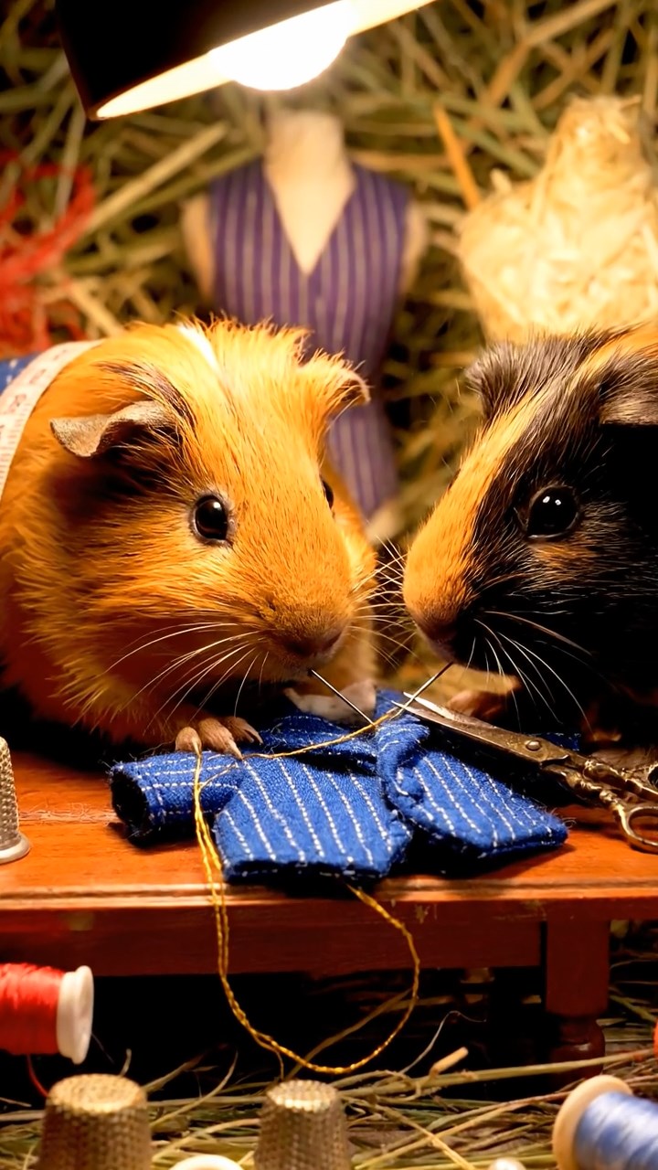 352. Realistic scene of 2 smooth-haired Californian guinea pigs with Orange and Black fur, dressed as tailors in tiny vests, sewing miniature coats in a guinea pig atelier with colorful fabrics and hay mannequins, under warm lamplight, enhancing the lifelike, creative atmosphere.